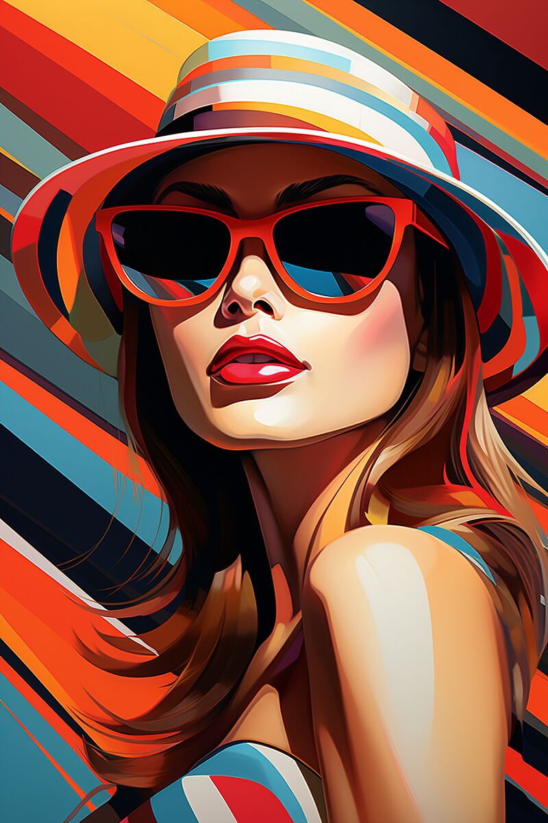 an abstract fashion illustration with a woman in sunglasses and a hat, in the style of colorful animations, hard edge painter, striped, martin ansin, georgy kurasov, uhd image, groovy --ar 2:3