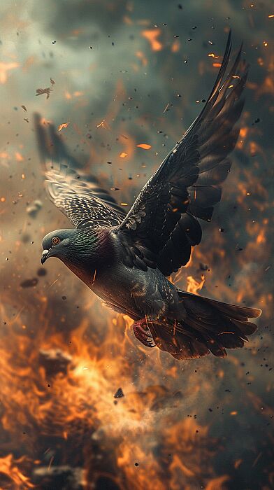 a pigeon flying into a fire, world war 2, hyper-realistic --ar 9:16 --s 250 --v 6.0