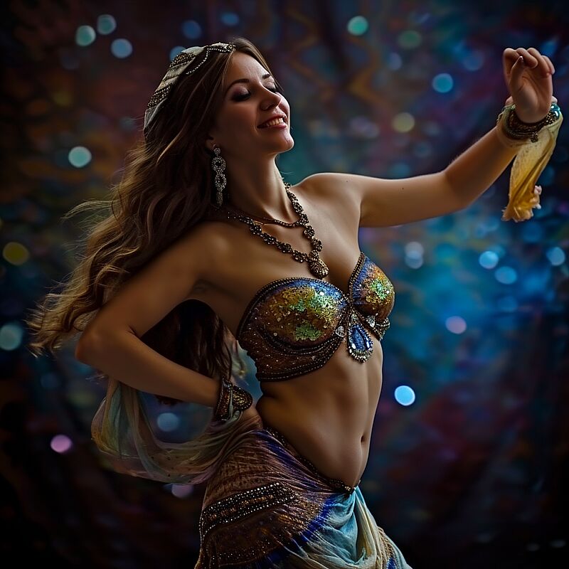 A very beautiful Arabic belly dancer, dancing, hdr, highly detailed against dark background, hyperrealistic, masterpiece, slim curvy body, realistic, seductive smile, bokeh, sexy pose, stunningly beautiful --v 6.0 --style raw