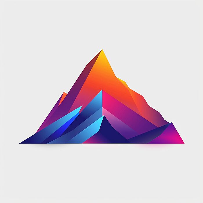 Create a 3D [mountain] logo with a modern and minimalist design. The logo should feature geometric shapes, with a gradient color palette. colorful. The shapes should be arranged to create a clean, abstract representation of the subject, conveying its essence rather than detailed realism. The design should be suitable for use as a corporate brand identity, evoking stability. The overall look should be sleek and scalable, able to maintain its impact when used in various sizes. Add symbolizing interconnectivity and complexity. The image should be isolated on a white background for versatility in usage --v 6.0