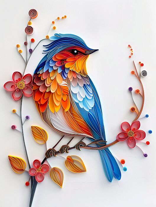 bird, minimalist, Paper quilling, vivid color, white background --ar 3:4 --v 6.0 --style raw --s 250