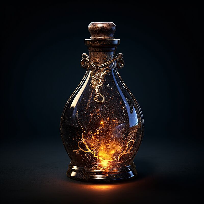 a tiny, corked vintage bottle of liquid death, shimmering liquid, magical, fantasy, photo realistic, black background