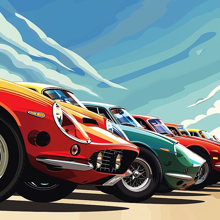 auto show racing cars meetup vector illustration scene, CARS STANDING, 2D, VECTOR --v 6.0