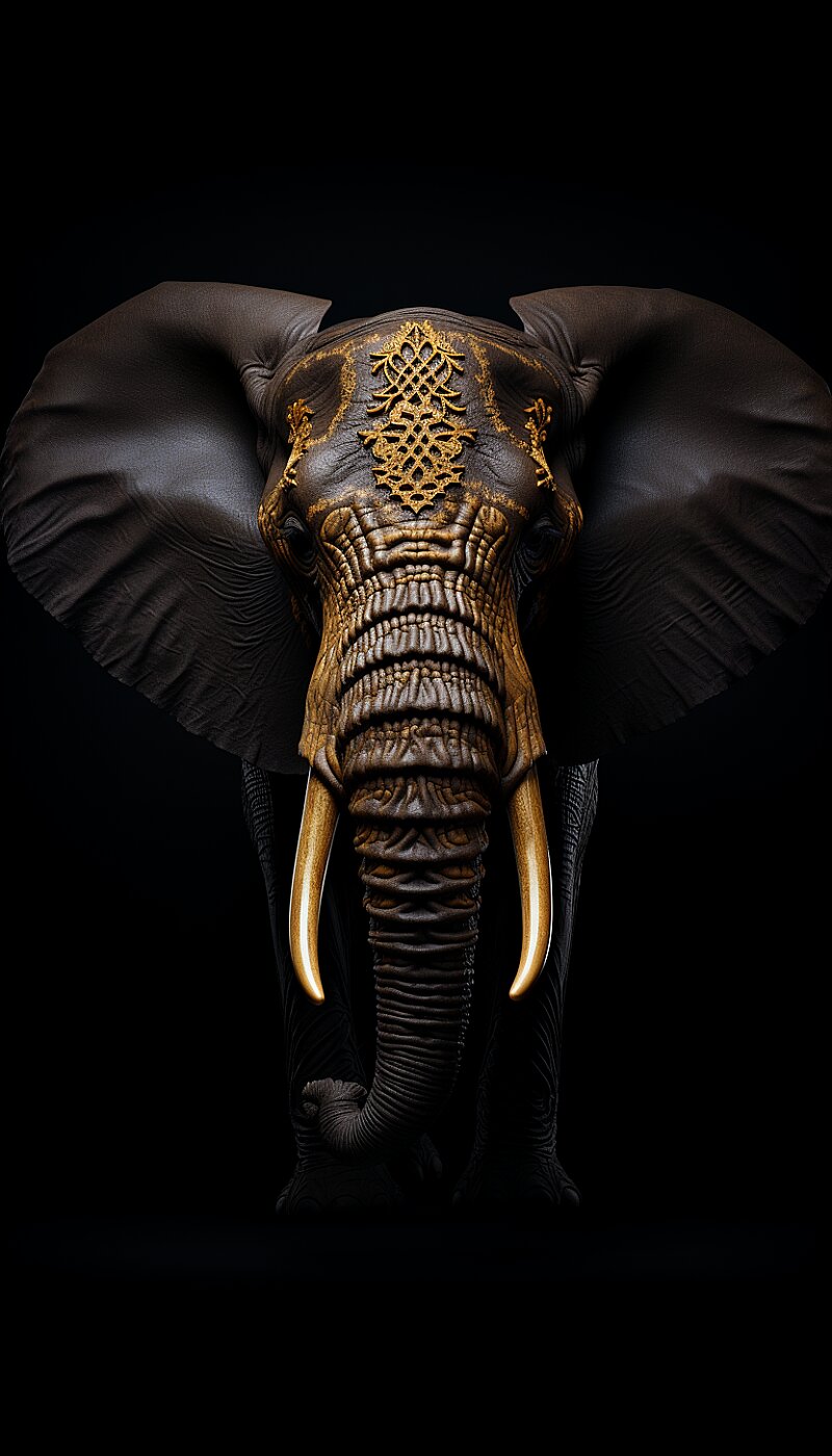 a photo of a golden and black elephant, on black background, high resolution, high details, --ar 4:7 --s 250