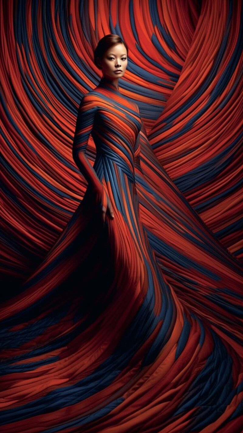 a dress of black and red stripes in red and blue, in the style of surrealistic poses, spirals, national geographic photo, dark orange and light bronze, ayami kojima, flowing lines, mark henson --v 5.1 --s 500 --ar 51:91 --chaos 10 --style raw