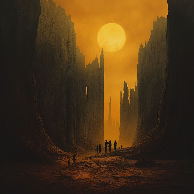 people walking at the base of imposing cliffs. Sun behind foggy clouds five yellow orb tones to the skies. In the style of zdzslaw beksinski --v 5.2 --style raw