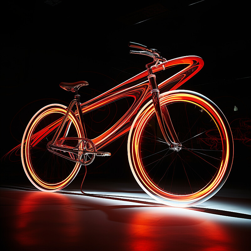 a Bicycle, with white lines along one side of frame, in the style of abstract forms in motion, flickering light effects, dark white and red, art nouveau curves, goerz hypergon 6.5mm f/8, light white and light orange, sublime light effects --style raw