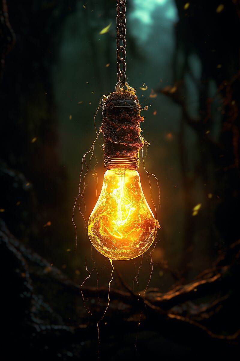 A glowing lightbulb dangling from a fraying wire, precariously hanging on in the style of Nanatsu no Taizai, digital art, 8k --ar 2:3