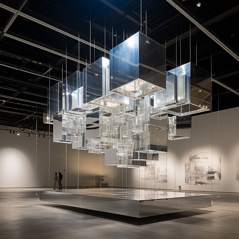 "In the expansive center of the exhibition hall, installation art, creating a visual impact, suspended, stacked, inverted blocks, embodying artistic sensibility, design aesthetics, minimalism, using silver metallic materials." --v 5.2