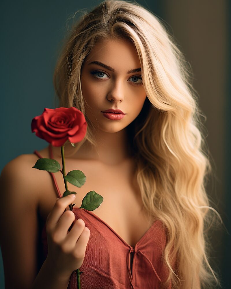 a beautiful girl with long blonde hair and blue eyes is posing with a rose beside her face, in the style of light crimson and light brown, urban decay, pop inspo, delicate flowers, heavy shading, dark pink, 32k uhd --ar 4:5 --v 5.2 --style raw