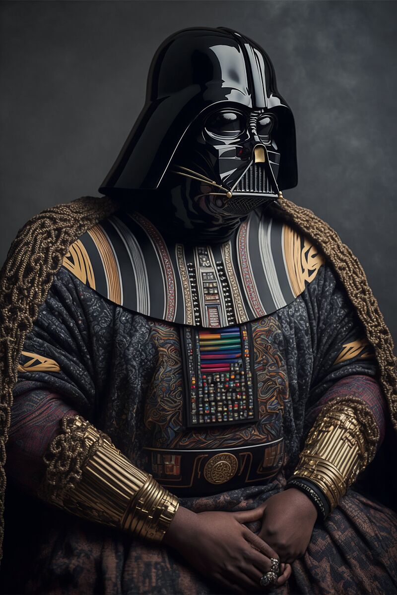 Darth Vader wearing a coogi sweater, a large gold chain, and white air force 1s --ar 2:3  --v 4