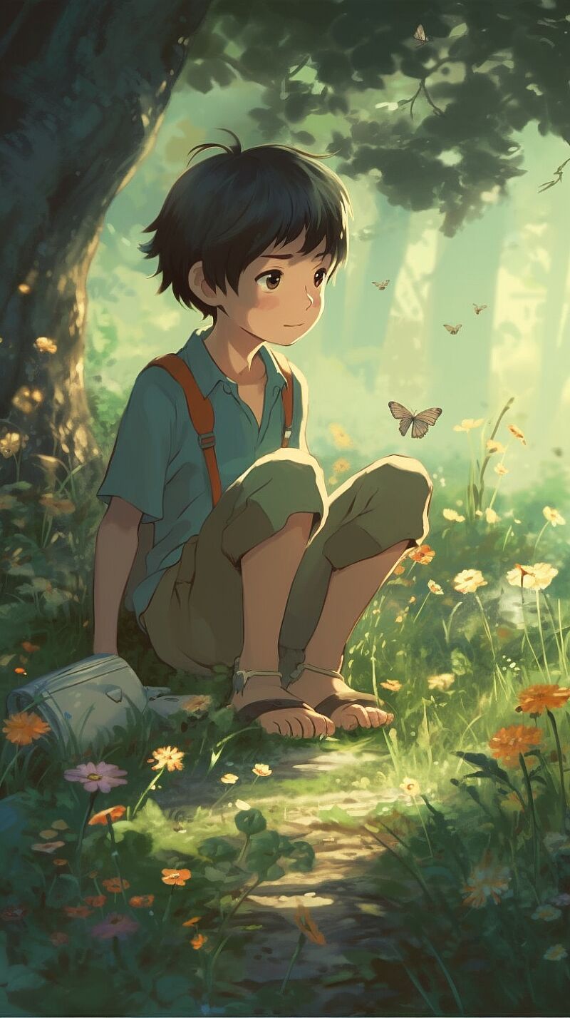 Makoto Shinkai animation style, In spring, a little boy, three years old, lay on his hands and knees in the grass, looking for worms, there were lots of flowers, rocks, beetle, butterfly, dead wood, huge mushrooms, hopeful, bright colours, animation light, high detail, hyper quality, high resolution, ultra-detail, the best picture quality, masterpiece, 16K, beautiful scene, --q 5 --s 550 --ar 9:16  --v 5