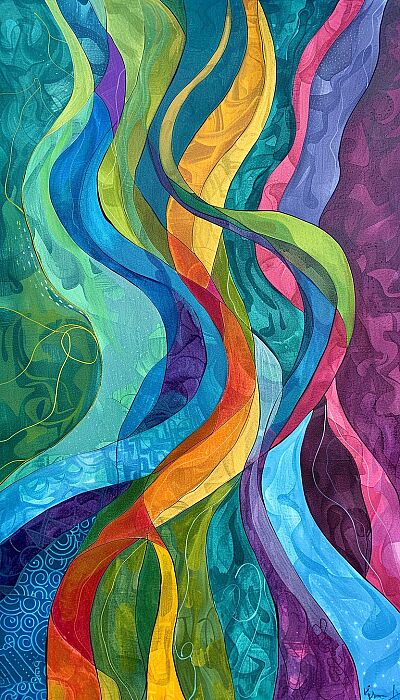 Vibrant Inner Journey: An abstract portrayal of diverse, intertwining paths and colors, symbolizing the dynamic and colorful inner exploration towards authentic living. --ar 4:7 --v 6.0