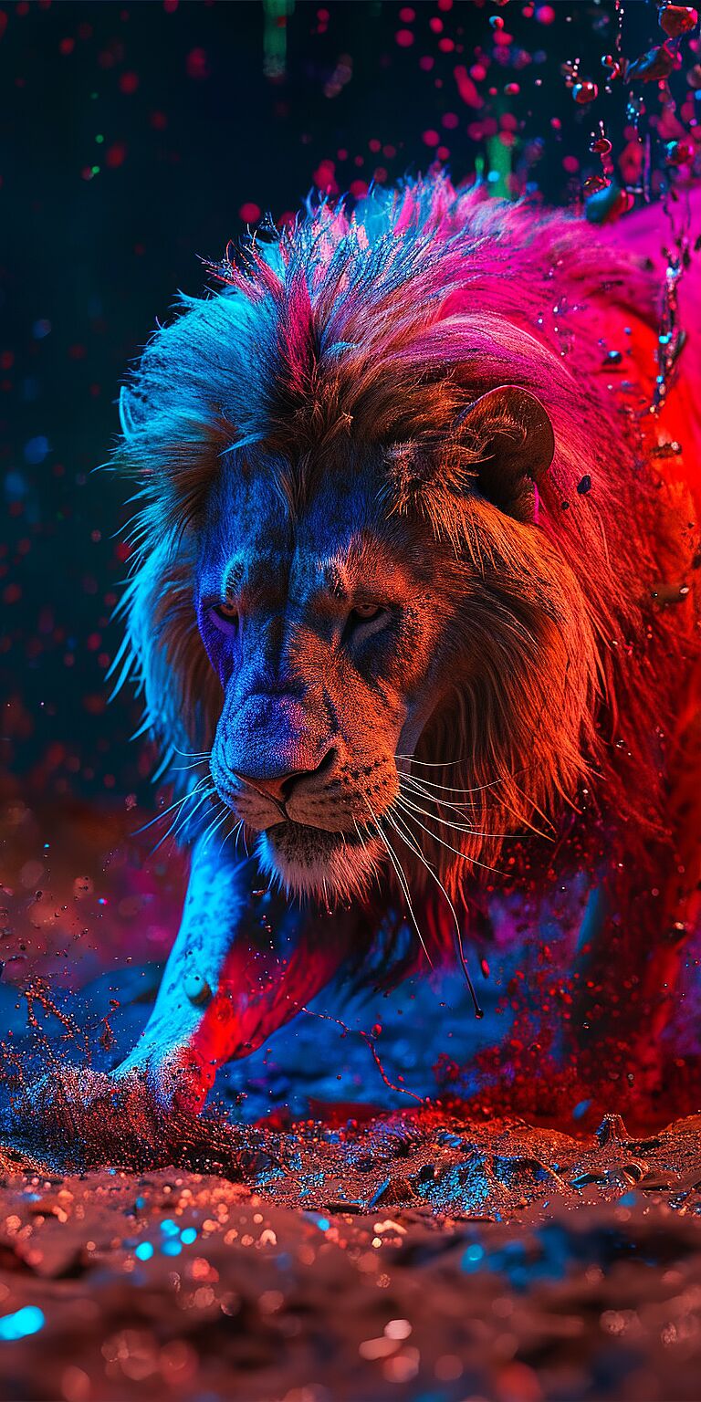 Massive scale Lion made of Fluorescent, gorgeous beautiful run, hunting, powerfull, rage, goddes, epic wide shot, darkfantasy, CGI, depth focus, shot on Hasselblad H6D-400c Multi-shot, Mitakon Speedmaster 300mm f/5,6 XCD, mood lighting --ar 1:2 --v 6.0 --style raw