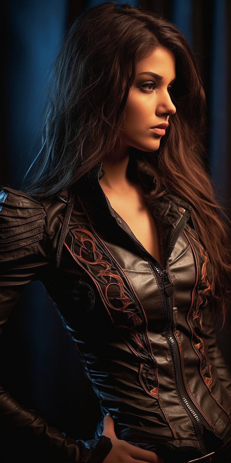 photorrealistic Elektra super heroe woman in action scene wide angle portrait half body super close profile woman dressed in leather, filigree details, long hairs, black background sharp focus vivid colors Aleksi Briclot style --ar 2:4 --v 5.1