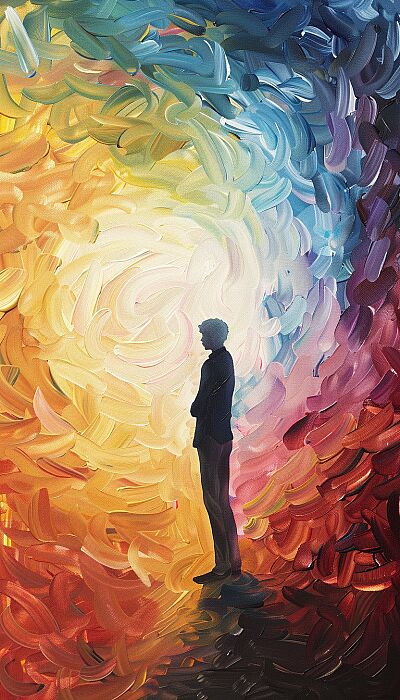 Heartfelt Acceptance: A painting depicting a person embracing their own shadow, surrounded by a spectrum of emotions and a warm, inviting color palette to signify self-acceptance and emotional depth. --ar 4:7 --v 6.0