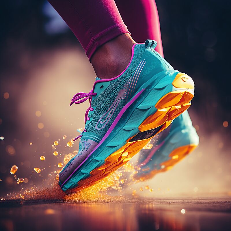 A pair of running shoes, with vibrant colors and cushioned soles, are pounding the pavement during a morning jog, light track photography, Two-dimensional, 4K, hyper quality --v 5.2 --style raw