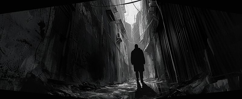 the man is walking through an alley that doesn't have a light shinning through it, in the style of sumi-e inspired, rough-edged 2d animation, blown-off-roof perspective, black and white ink drawings, glitchcore, dynamic graphic novel, online sculpture --ar 128:53 --v 6.0 --style raw