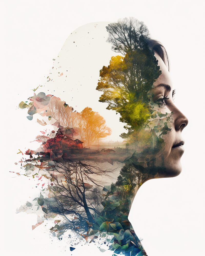 double exposure photography of beautiful woman and the spectacular colourful nature, clean sharp focus, on white background, double exposure photography --ar 4:5 --v 4