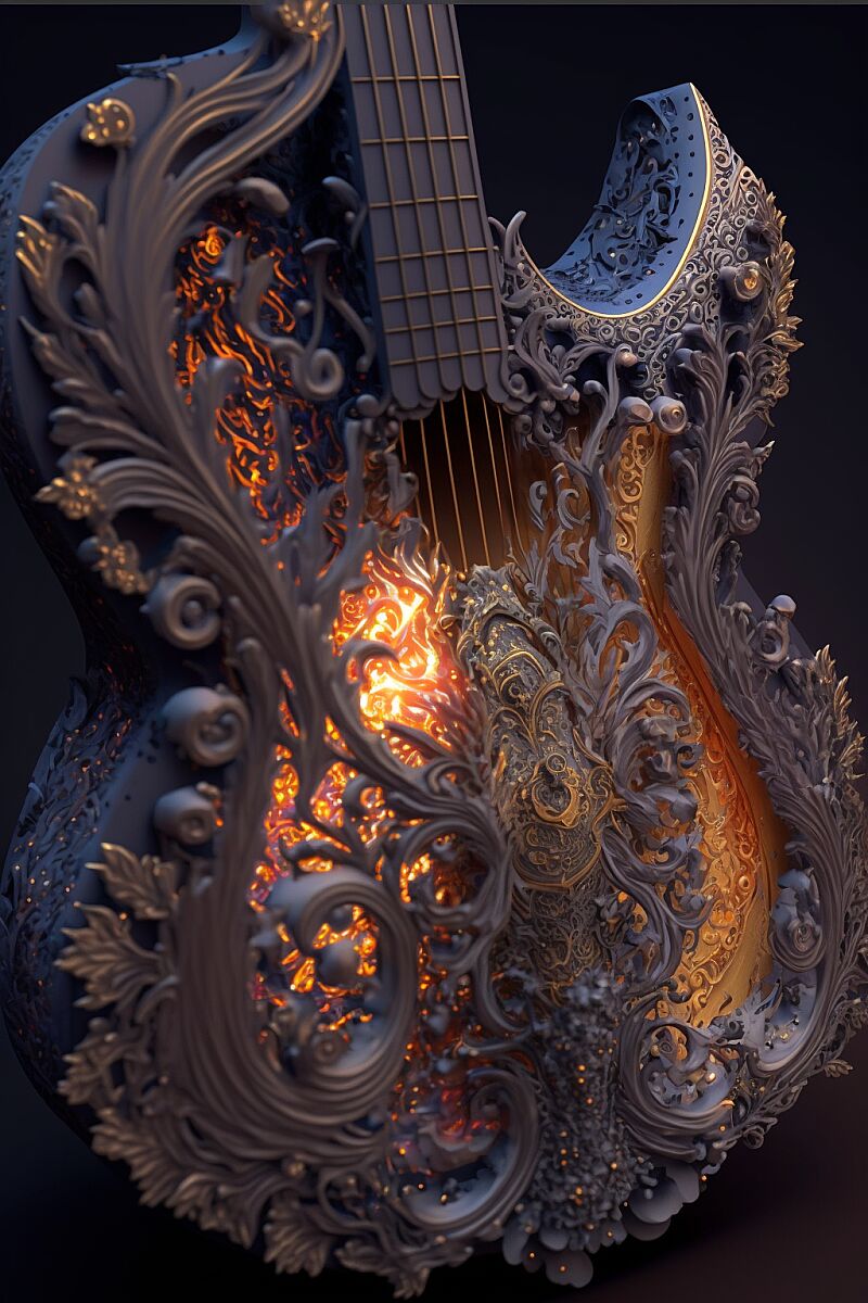 **, guitar of ornately carved shape with glowing flames inside, crystals, intricate details, corals, octane render, hyper detailed, magical, glowing details, particles, unreal engine, trending on artstation, --ar 2:3 --q 5