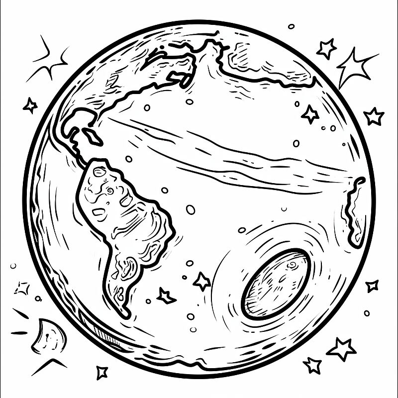 kids illustration, draw a big planet, cartoon, black and white, coloring page, defined outline, thick border, simple, no shading --v 6.0 --style raw