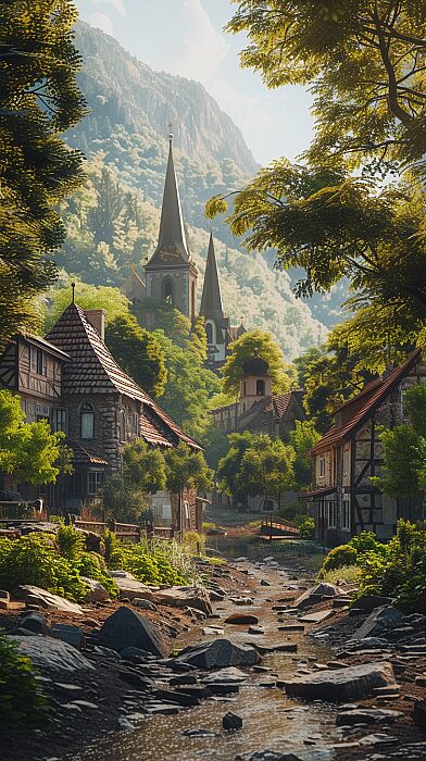 Generate a serene and nostalgic image of a quaint village in the Austrian Empire in 1856, capturing the birthplace of Nikola Tesla and the ambiance of his early years. Hyper-realistic --ar 9:16 --v 6.0