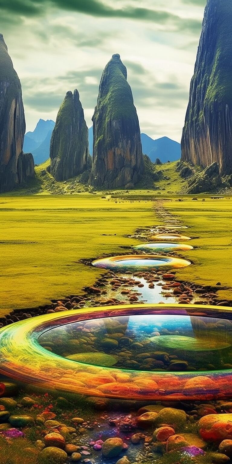 alien rainbow landscape vaulted twisted continents, terraformed overhanging rocky landscape, crystals alien plants, the arches reflect in the river on the green field, i can\'t believe how beautiful this is, circular shapes, cinematic, photo-realistic landscapes, photography --chaos 10 --ar 2:4 --style raw --style raw