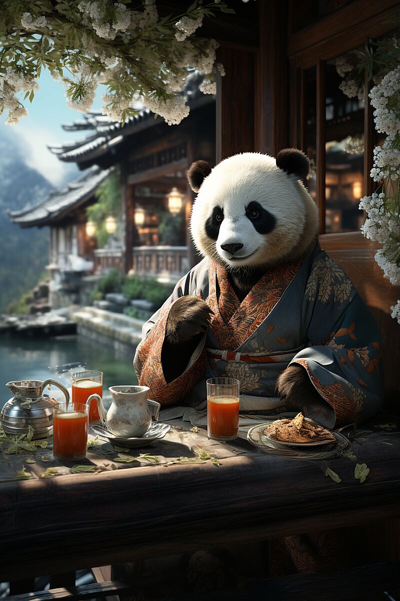 a giant panda in hanfu, pavilion by the water, painting style soft, hazy, chinese countryside, daz3d, uhd images, naturecore, mist, sunny, tang dynasty architecture in the courtyard, making tea,, the picture is fresh and translucent, brushstrokes, lines, monet colors --ar 2:3 --s 750 --v 5.2