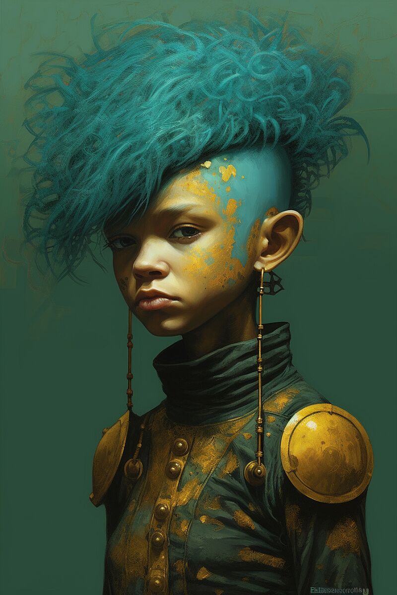 the a child wearing colored clothing with blue hair, in the style of afrofuturism, peter gric, punk, highly detailed, dark turquoise and gold, clownpunk, neo-traditionalist --ar 2:3 --v 5.1