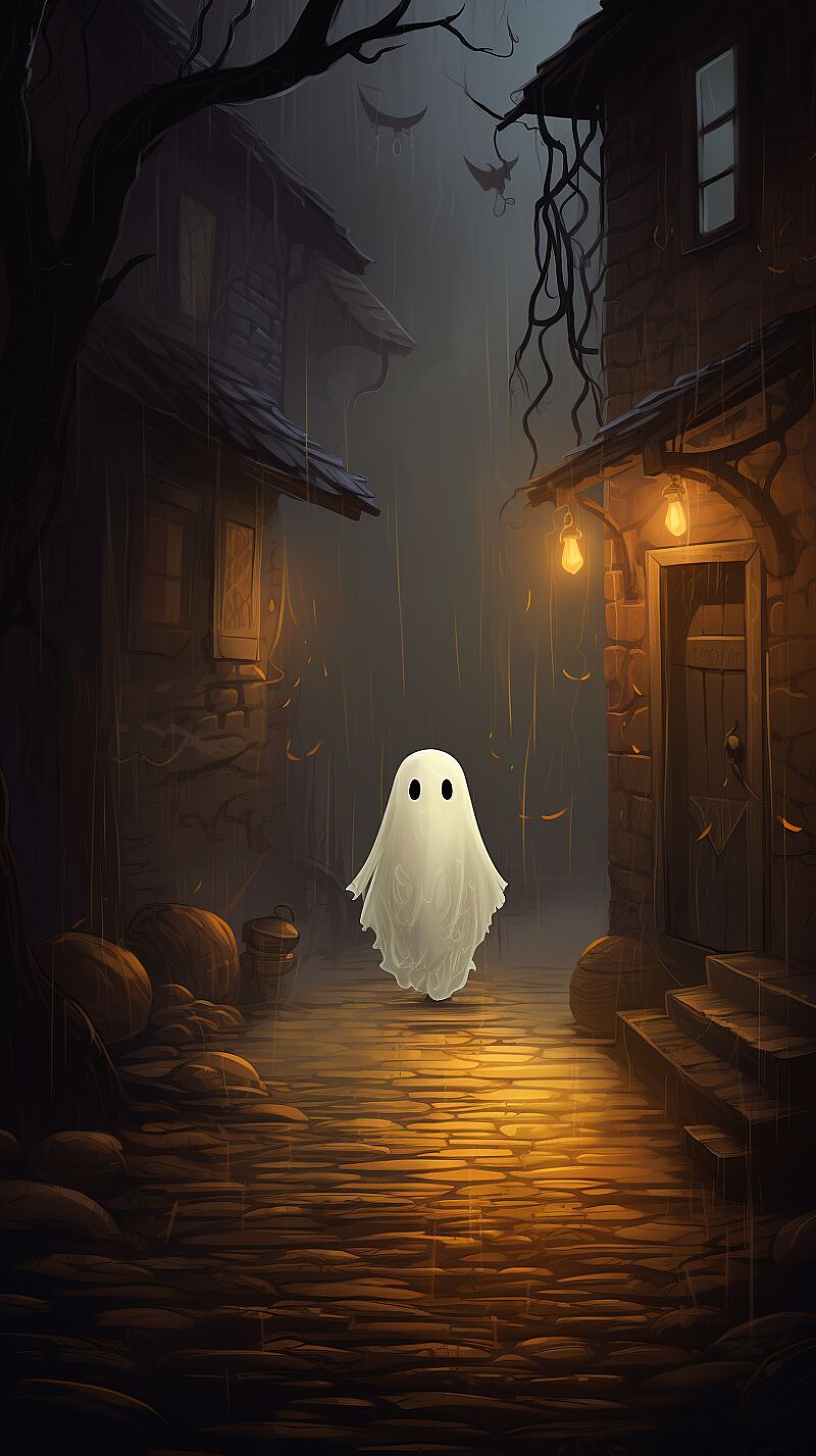 a cute cartoon ghost in a dark spooky alley, oil painting, foggy, dim lighting, autumn, detailed, textured --aspect 9:16 --style raw