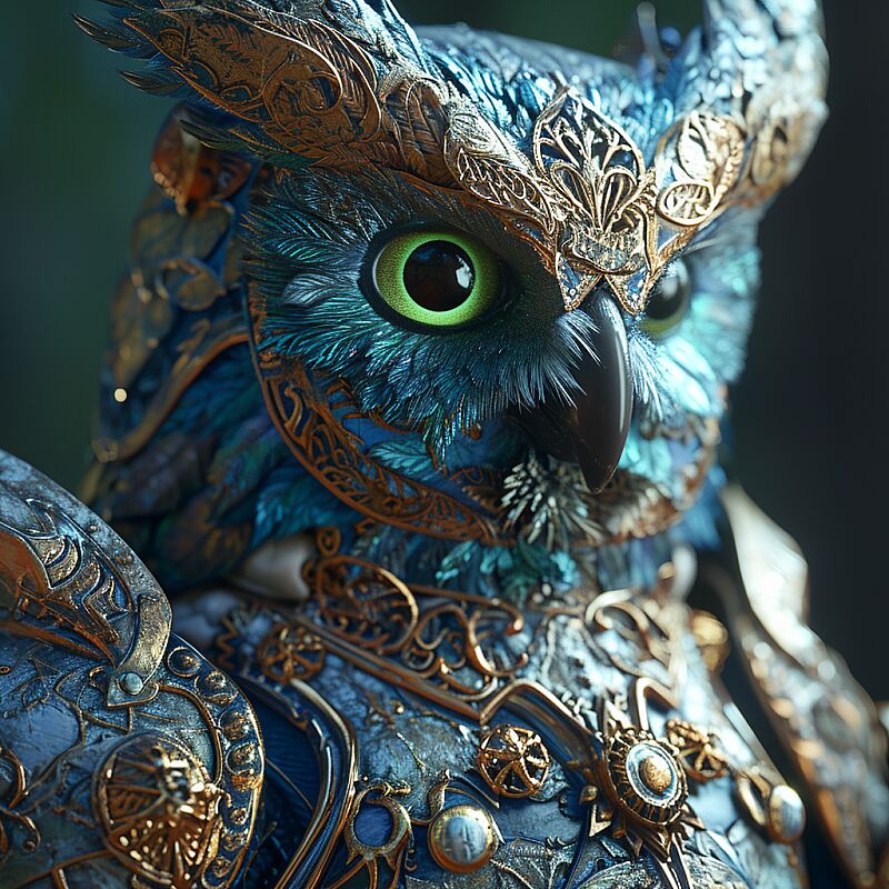 Anthropomorphic blue owl, big green eyes, lots of details, portrait, finely detailed armor, cinematic lighting, intricate filigree metal design, 8k, unreal engine, octane render, realistic, redshift render --v 6.0 --style raw