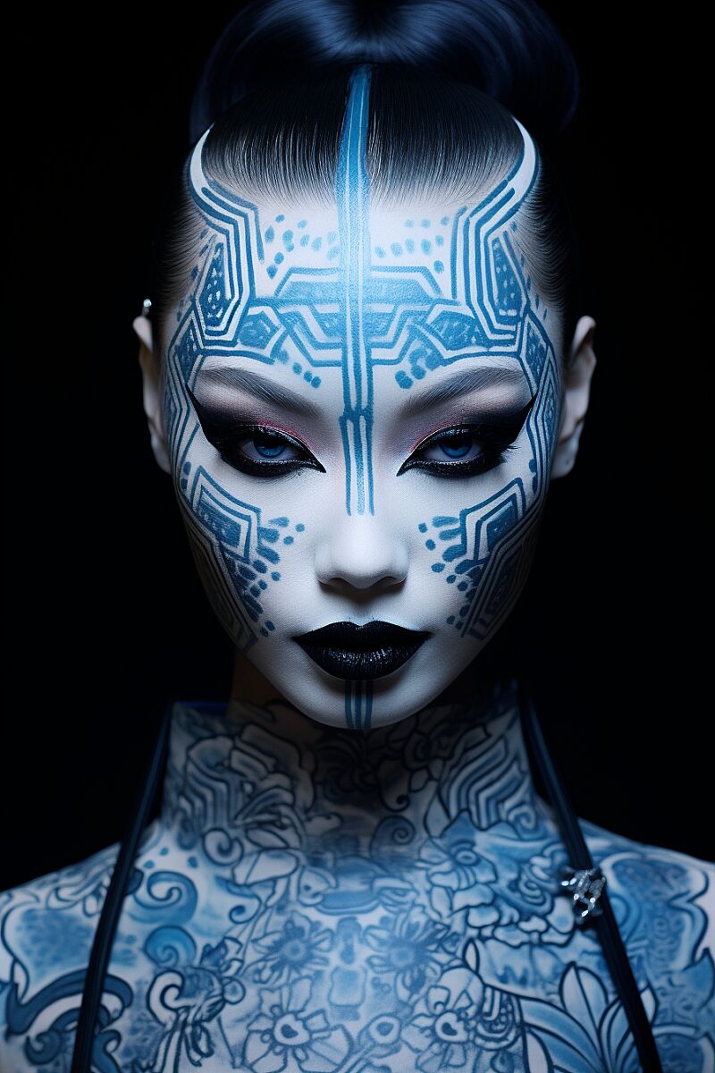 black and white art portrait photography portrait closeup eccentric tattooed jakuza geisha with blue neon accents --ar 2:3 --v 5.2