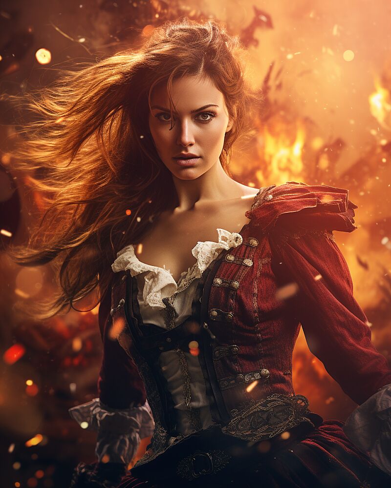 GLAMOUR PIRATE FILM POSTER, IN THE STYLE OF EPIC MOVEMENT, DYNAMIC COMPOSITION, CINEMATIC COLOR GRADING, STUNNING, PHOTOREALISTIC, CHAOTIC ACTION, INTENSE EMOTION. SHOT WITH A CANON EOS-1D X MARK III --ar 4:5 --v 5.2 --style raw