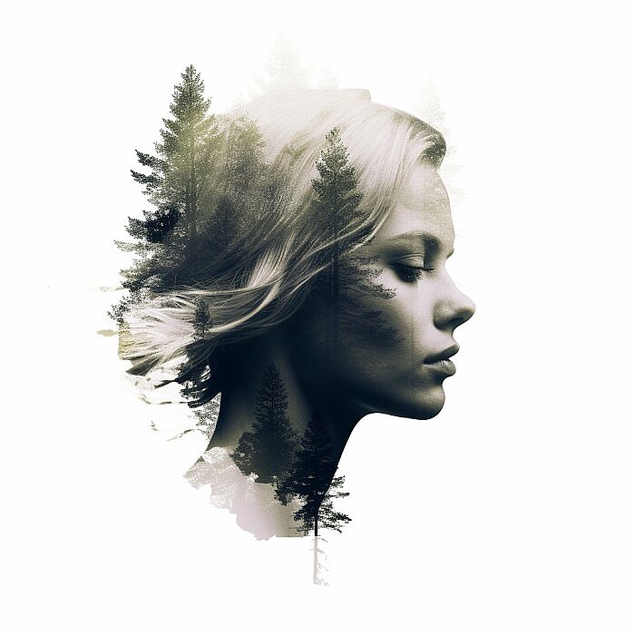 Girl, in the style of Martin Dietrich, double exposure photography, Nikon 14-24mm f/2.8G ED, nature photogrphy, sof light --v 5.1 --ar 1:1 --style raw