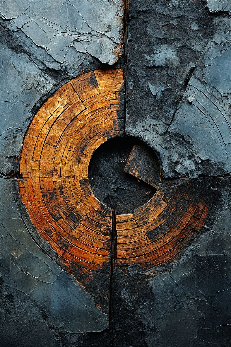 3 dimensional vertigo minimalism, rusted dark-blue and black, aerial view, deep depth, abstract photography, cracked earth, circular and geometric forms --c 15 --s 222 --ar 2:3