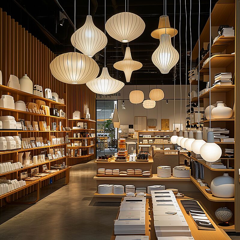 Boutique retail shop with a wide angle, Vitra shelves, Louis Poulsen PH5 pendant lamps, Sony A7R IV, 24mm f/1.4 GM lens, soft accent lighting highlighting the products --v 6.0 --style raw