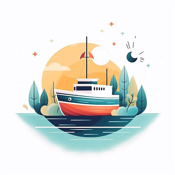 Create an minimalist illustration with a central [boat] in a vibrant, stylized, and colorful design. The subject should be detailed and the central focus, with the rest of the image fading into a clean, white background. The style should be whimsical and modern, with a touch of playfulness and a flat design aesthetic. --v 5.2 --s 50