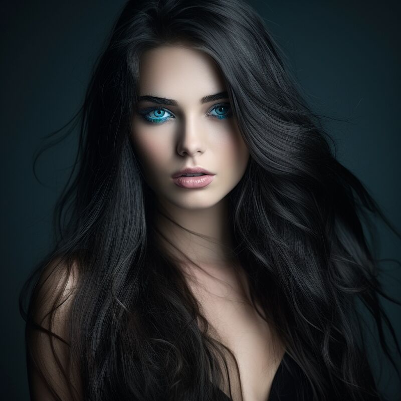 lady beautiful with long hair and blue eyes, in the style of dark brown and dark aquamarine, exaggerated facial features, ferrania p30, captivating gaze, dark black and light beige, voyeuristic approach --v 5.2 --style raw