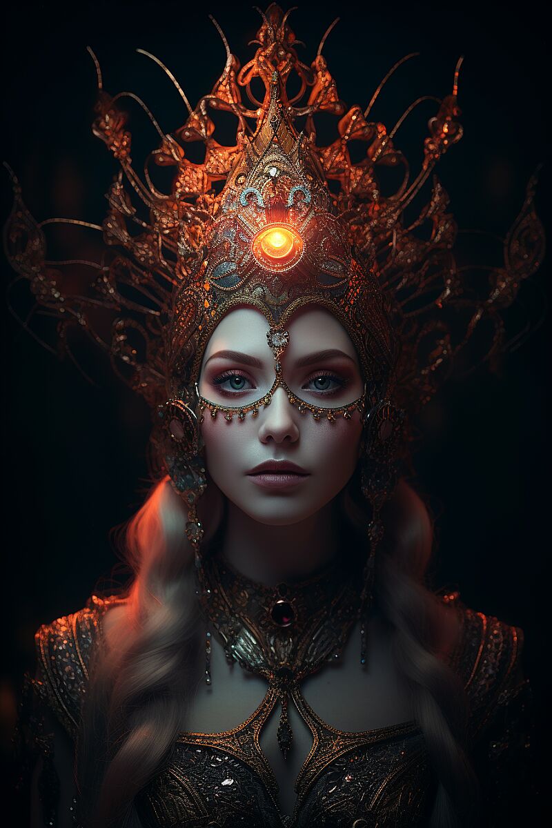 &lt;https://s.mj.run/a7DiRNpNFZY&gt; photo of woman in ornate jeweled eldritch fantasy crown, moody volumetric lighting --ar 2:3 --upbeta --v 5.2