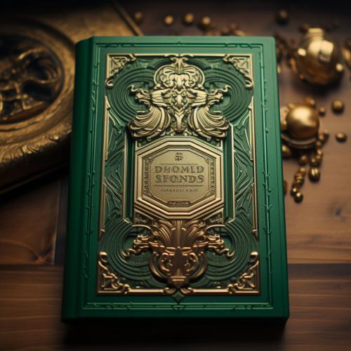 a4 style magazine book, green color, embossed flashy golden cinema movie ticket