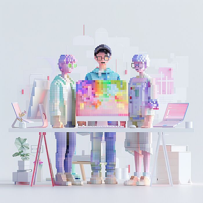 a creative team of Three people as pixel art using soft pastel colors on a white background --v 6.0