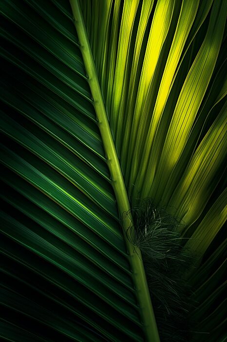 a close up image of a palm leaf, in the style of ingrid baars, dark green and yellow, martin rak, paul barson, precisionist art, natural scenery, pattern designs --ar 2:3 --v 5.0