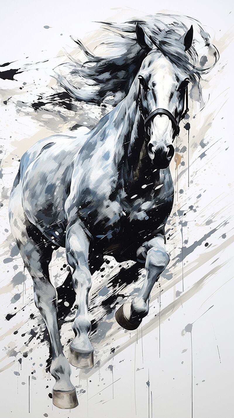 minimalist splashy running horse drawn in spilled paint, Yoji Shinkawa --ar 9:16