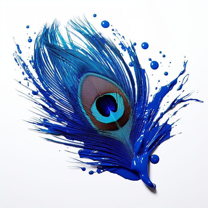 Top-down photograph of a vibrant blue peacock feather silhouette made from paint smears, pure white background --v 5.2