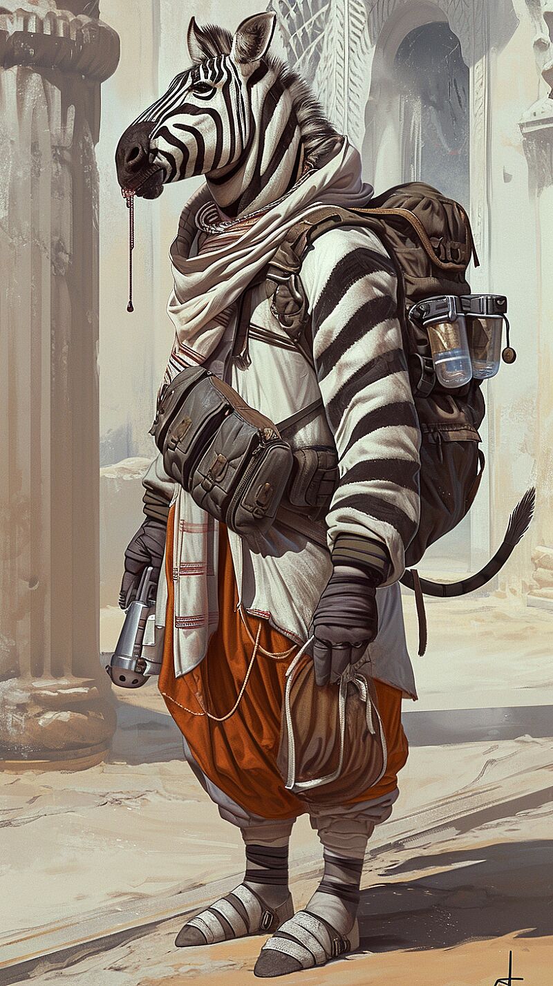 an anthropomorphic zebra dressed as a travel guide, fantasy --ar 9:16 --v 6.0 --style raw