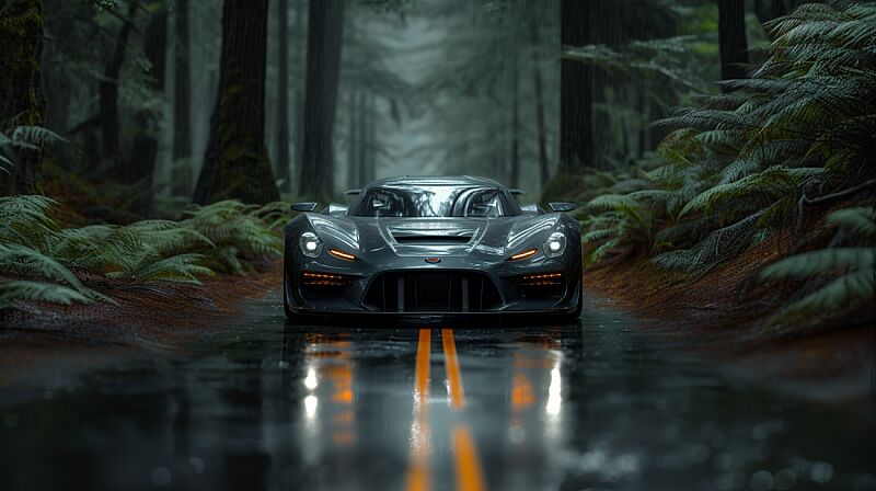 create image of SCG004 car front view, in dark background, high quality and with high textures full realatic --ar 16:9 --v 6.0 --s 750