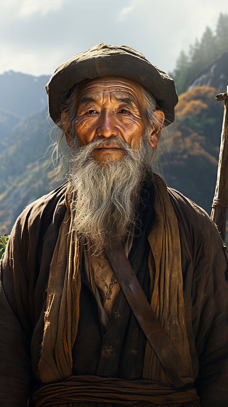 An old Chinese man standing among the mountains, in realistic portrait style, Unreal Engine 5, Himalayan art, rural life depiction, ultra high definition image, rich colors, close-up. --ar 9:16 --c 70 --q 5 --s 750