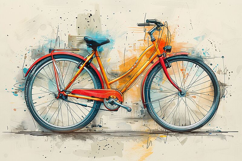 Minimalist single line sketch of a bike, colourful ink wash, strong visual flow --stylize 500 --ar 3:2 --v 6.0