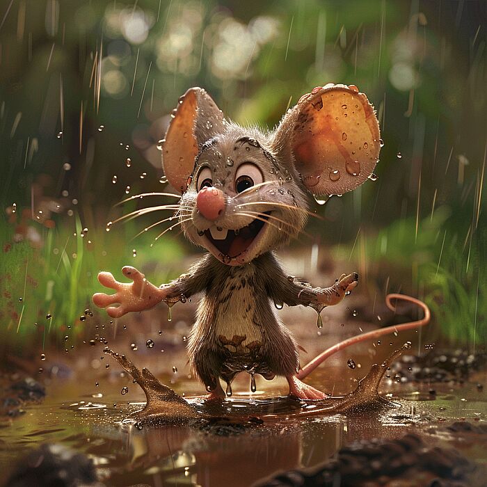 Attractive and Funny, 2D Disney Pixar style, a Mouse slapping on a rainy mud road --v 6.0