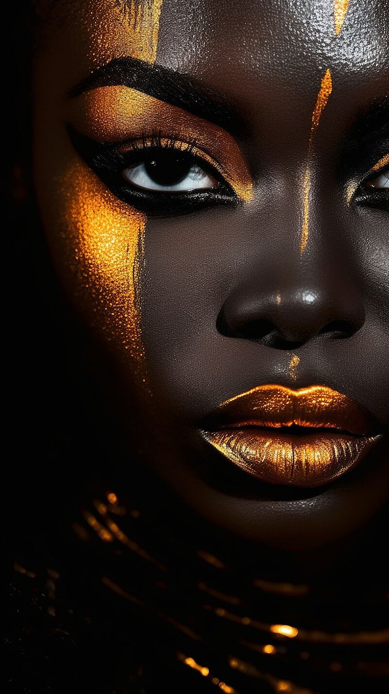 Close up, Spellbinding portrait of the black beauty with vibrant gold eyes, in the style of fashion marvel photography,  in the style of bio-art, pure color, minimalist, dramatic light, fantasy --ar 51:91 --v 5.1 --c 10 --s 1000